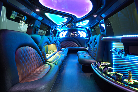 limo interior with wet bars and colorful lights